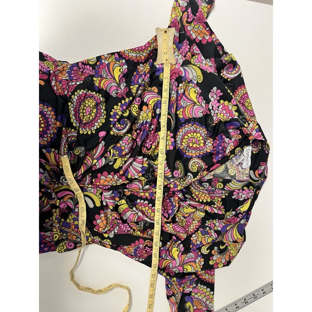 Carmen Marc Valvo Y2K Paisley Retro Wrap Top Large Pink Purple Black Slinky - Picture 7 of 9